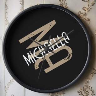 Monogram name personalized black white beige tan clock