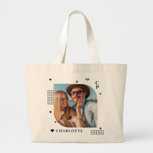 Monogram Name Photo Trendy Simple Modern Large Tote Bag