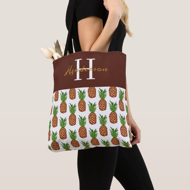 Monogram Name Pineapple Pattern Tote Bag (Close Up)