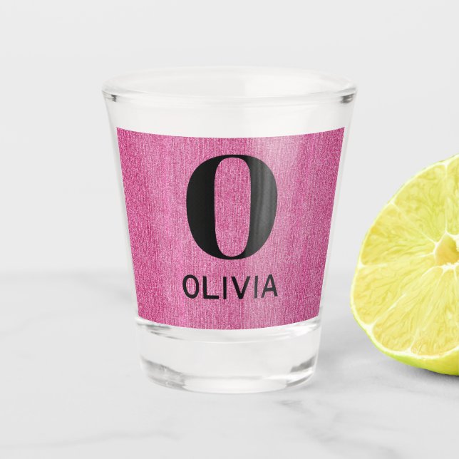 Monogram Name, Pink Denim Print 1.5oz Shot Glass (Front)