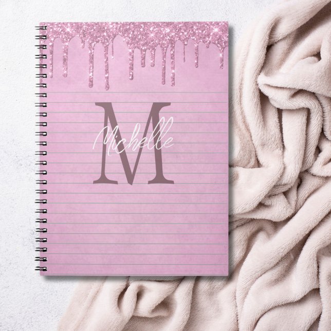 Monogram Name Pink Dripping Glitter Girly Notebook (Monogram Name Initial Pink Dripping glitter personalized girly notebook)