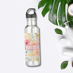 Monogram Name Pink Floral Botanical Watercolor 710 Ml Water Bottle