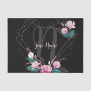 Monogram Name Pink Floral Geometric Frame Black Tissue Paper