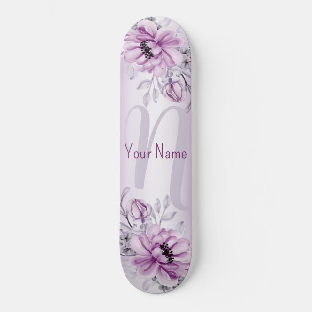 Monogram Name Pink Floral Violet Purple Modern Skateboard (Front)