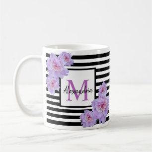 Monogram Name Pink  Flower Black Stripe Coffee Mug