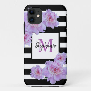 Monogram Name Pink  Flower Black Stripe Purple iPhone 11 Case