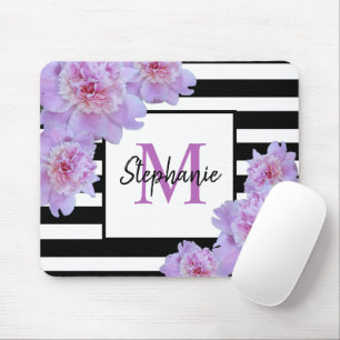 Monogram Name Pink Flower Black Stripe Purple Mouse Pad