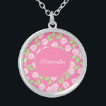 Monogram Name Pink Green Floral Script Calligraphy Silver Plated Necklace<br><div class="desc">Monogram this pretty pink and green floral locket necklace with your name or initials. These necklaces make great bridesmaids gifts,  Mother's day gifts and gifts for any woman in your life.</div>