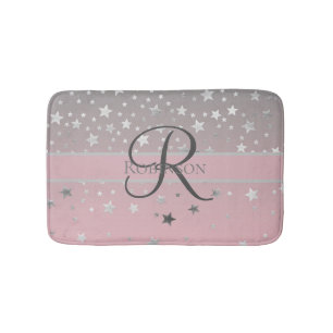 Monogram Name Pink Grey Silver Stars Trendy  Bath Mat