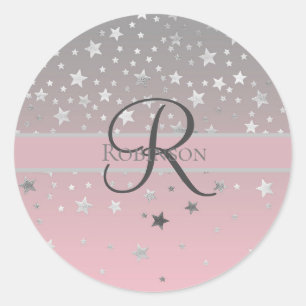 Monogram Name Pink Grey Silver Stars Trendy   Classic Round Sticker