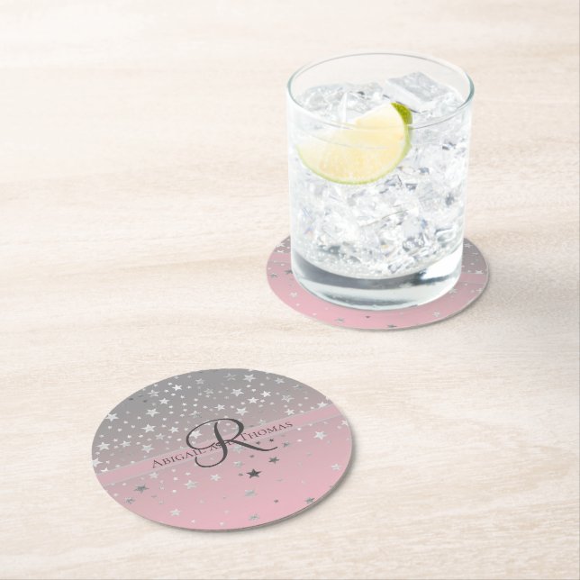 Monogram Name Pink Grey Silver Stars Wedding Round Paper Coaster (Insitu)
