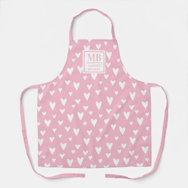 Monogram Name Pink Modern Love Heart Girly Apron (Front)