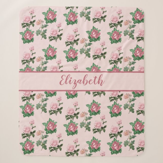 Monogram Name Pink Roses Floral Shabby Chic Sherpa Blanket (Front)