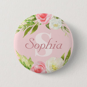 Monogram Name Pink Watercolor Floral 2 Inch Round Button