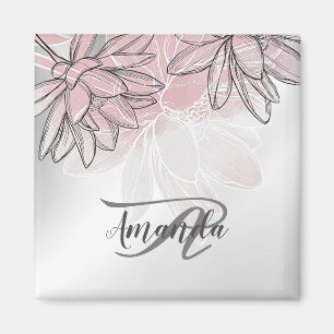 Monogram Name Pink White Flowers Watercolor Silver Magnet