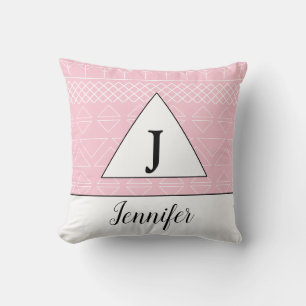 Monogram Name Pink White Geometric Pattern Throw Pillow