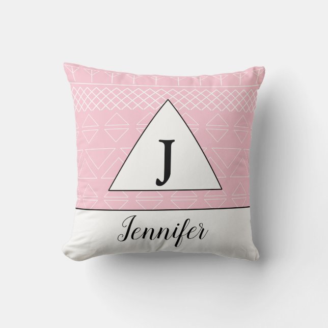 Monogram Name Pink White Geometric Pattern Throw Pillow (Front)