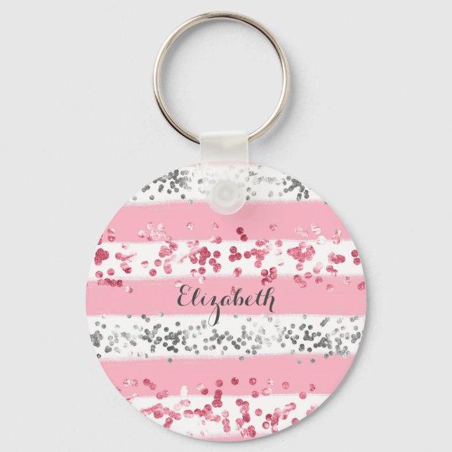 Monogram Name Pink White Grey Glitter Girly Trendy Keychain (Front)