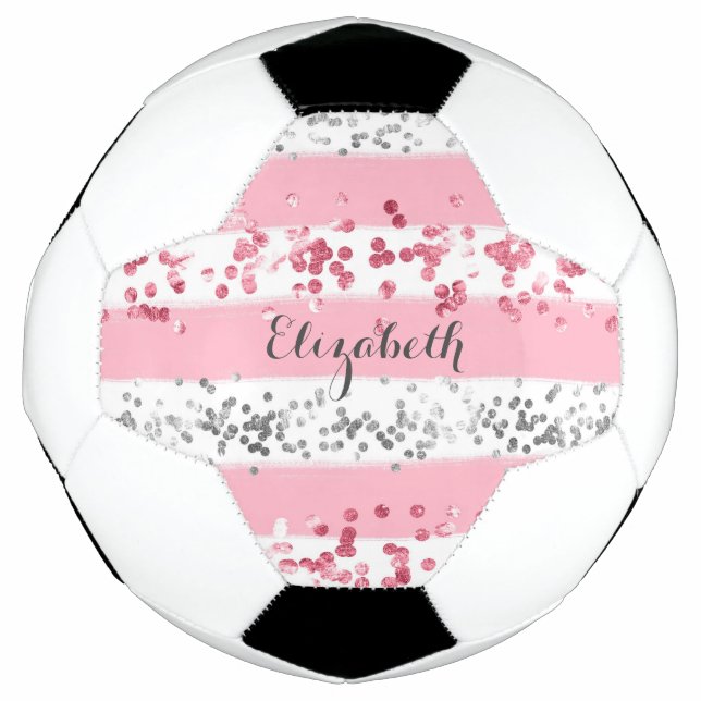 Monogram Name Pink White Grey Glitter Girly Trendy Soccer Ball (Front)