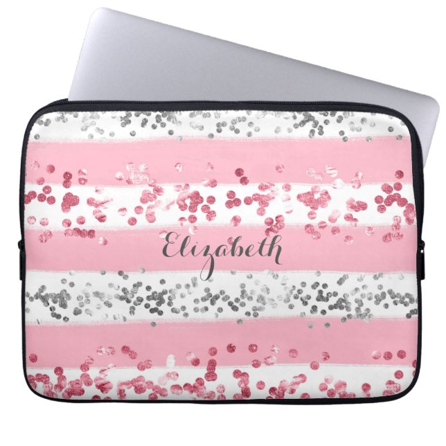 Monogram Name Pink White Grey Glitter Trendy  Laptop Sleeve (Front)