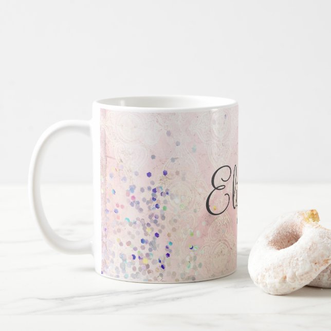 Monogram Name Pink White Sparkle Elegant   Coffee Mug (With Donut)