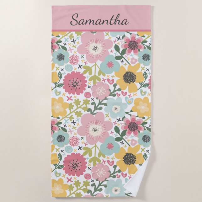 Monogram Name Pink Yellow Blue Floral  Beach Towel (Front)