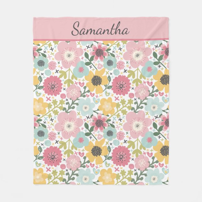 Monogram Name Pink Yellow Blue Floral  Fleece Blanket (Front)