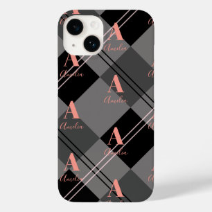 Monogram Name Plaid Grey Black Pink Case-Mate iPhone 14 Case
