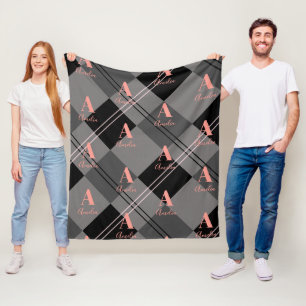Monogram Name Plaid Grey Black Pink Fleece Blanket