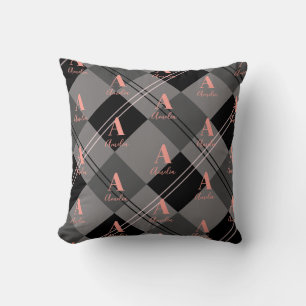 Monogram Name Plaid Grey Black Pink Throw Pillow