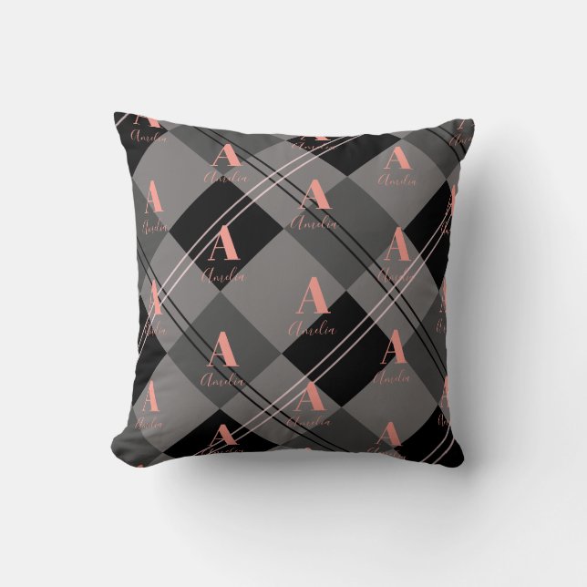 Monogram Name Plaid Grey Black Pink Throw Pillow (Front)