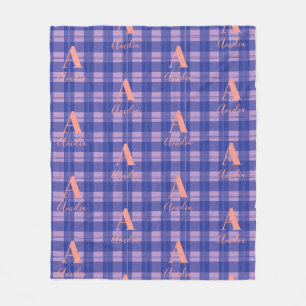 Monogram Name Plaid Purple Pink Fleece Blanket