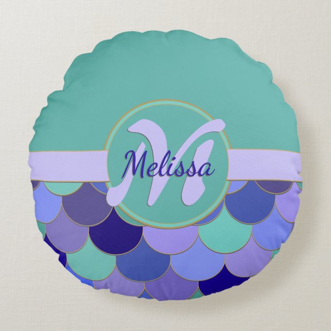 Monogram + Name Purple & Aqua Teal #Mermaid Scales Round Pillow (Front)