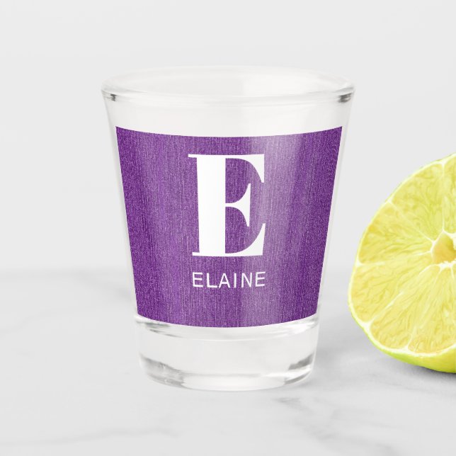 Monogram Name, Purple Denim Print 1.5oz Shot Glass (Front)