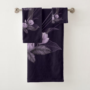 Monogram Name Purple Floral Violet Geometric Frame Bath Towel Set