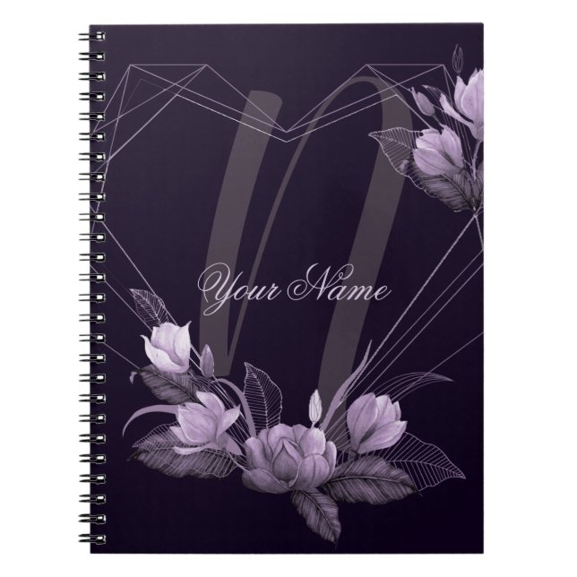 Monogram Name Purple Floral Violet Geometric Frame Notebook (Front)