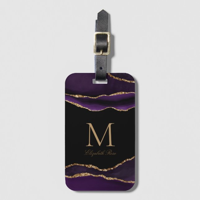Monogram Name Purple Gold Black Luggage Tag (Front Vertical)
