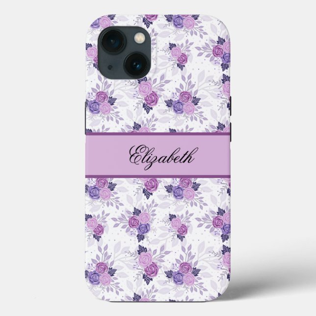 Monogram Name Purple Pink Floral Elegant Case-Mate iPhone Case (Back)