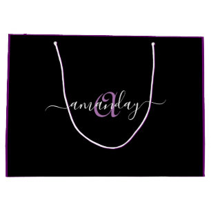 Monogram Name Purple Violet Birthday Holiday Black Large Gift Bag