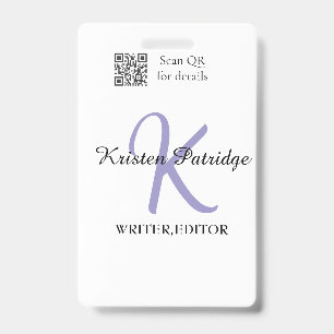 Monogram name purple writer editper QR code busine Badge