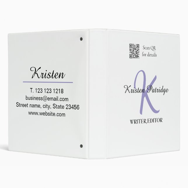 Monogram name purple writer editper QR code busine Binder (Background)