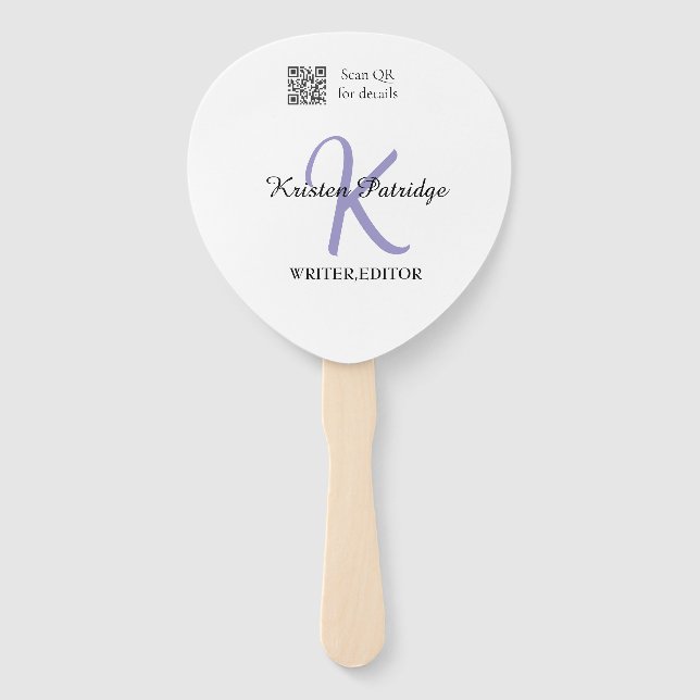 Monogram name purple writer editper QR code busine Hand Fan (Front)