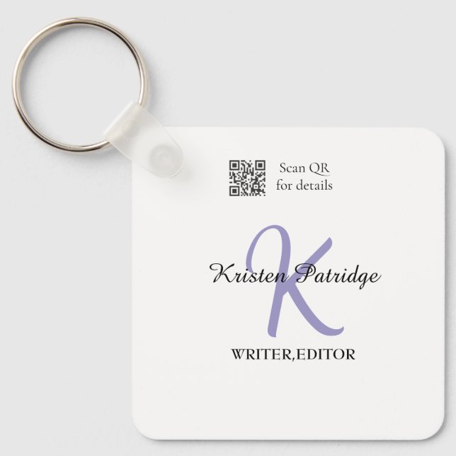 Monogram name purple writer editper QR code busine Keychain (Front)