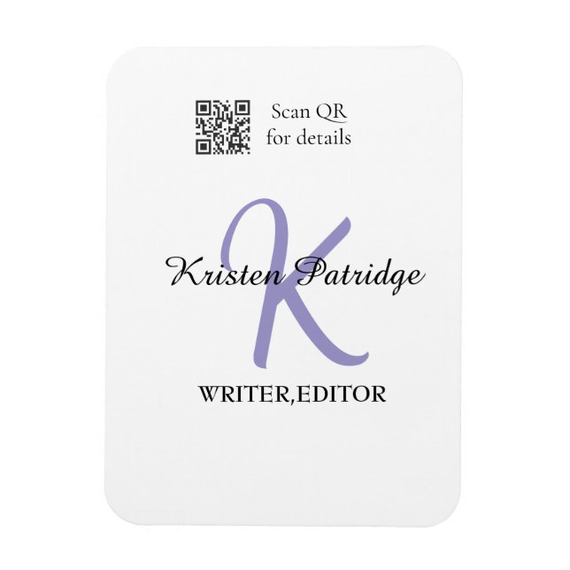 Monogram name purple writer editper QR code busine Magnet (Vertical)