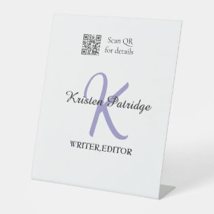 Monogram name purple writer editper QR code busine Pedestal Sign