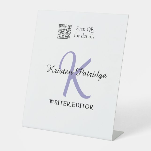 Monogram name purple writer editper QR code busine Pedestal Sign (Front)