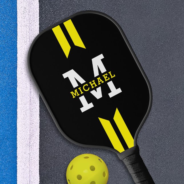 Monogram Name Racer Yellow Stripe Pickleball Paddle (Creator Uploaded)