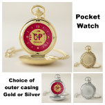 Monogram name red and gold with arrow and dots pocket watch<br><div class="desc">Personalize this pocket watch with initials,  monogram and a name. The words 'Don't be Late, ' can also be changed.
Designed in red with a pale gold circle and a red arrow and dots.</div>