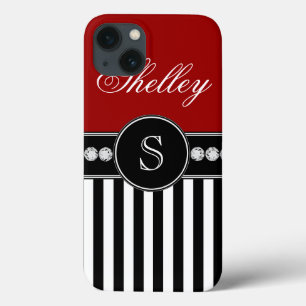 Monogram Name Red Black Stripes Pattern iPhone 13 Case