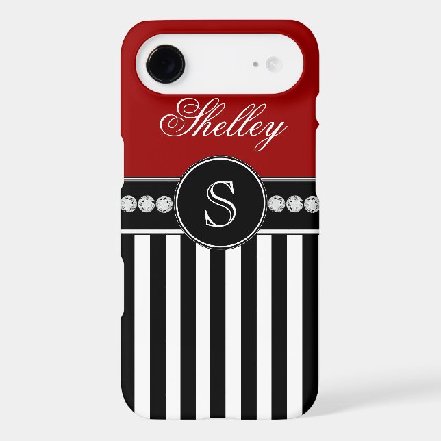 Monogram Name Red Black Stripes Pattern Case-Mate iPhone Case (Back)